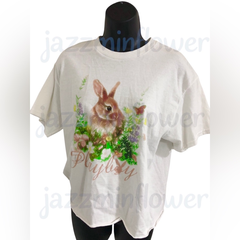 Playboy brown bunny spring garden floral botanicals white tee shirt size XL